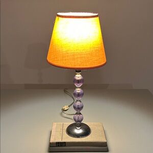 Vintage Mid Century Lamp purple crystal ball with pink shade H 17 inches